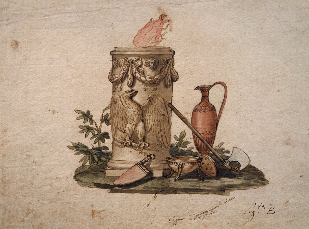 Sloupový koš, zdobený festony a orlicí, se sečnými zbraněmi, pohárem a amforou, obraz Andrea Appiani (1754-1817), Itálie od Andrea the Elder Appiani