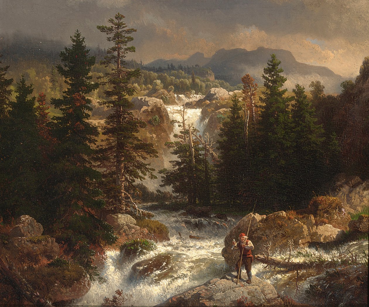 Rybář kontroluje svůj úlovek přes bystřinu od Andreas Achenbach