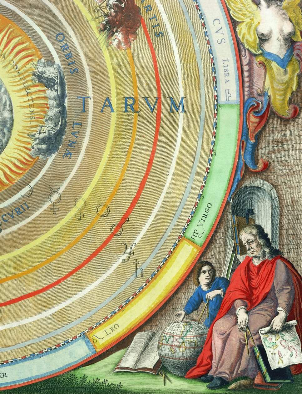 Astronom, detail z mapy planet, z hospody „Nebeský atlas aneb Harmonie vesmíru“ (Atlas coelestis seu harmonia macrocosmica). od Joannese Janssonia, Amsterdam, 1660-61 (ha od Andreas Cellarius