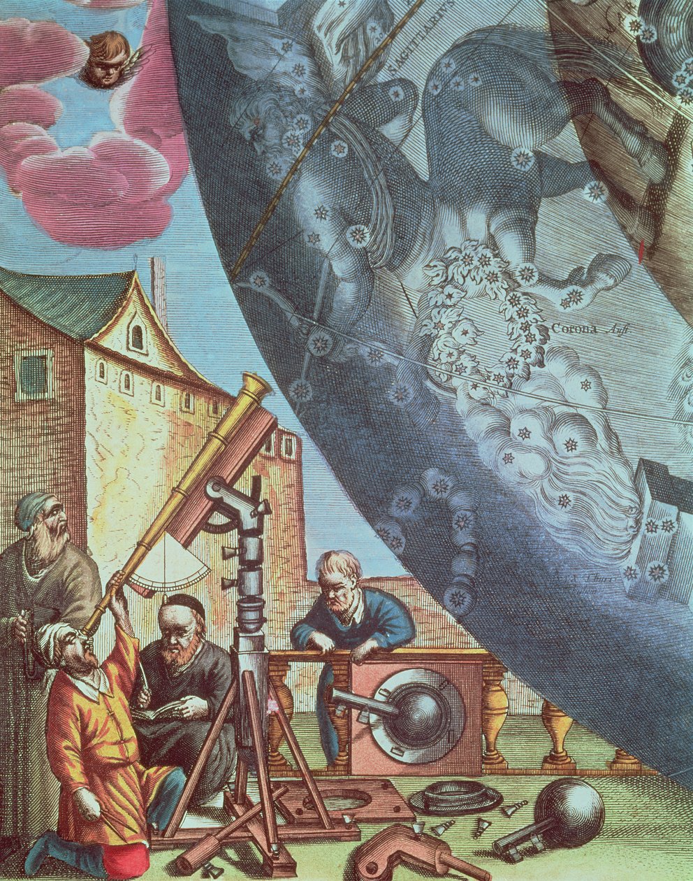 Astronomové při pohledu dalekohledem, detail z mapy souhvězdí z hospody „Nebeský atlas nebo Harmonie vesmíru“ (Atlas coelestis seu harmonica macrocosmica). od Joannes od Andreas Cellarius