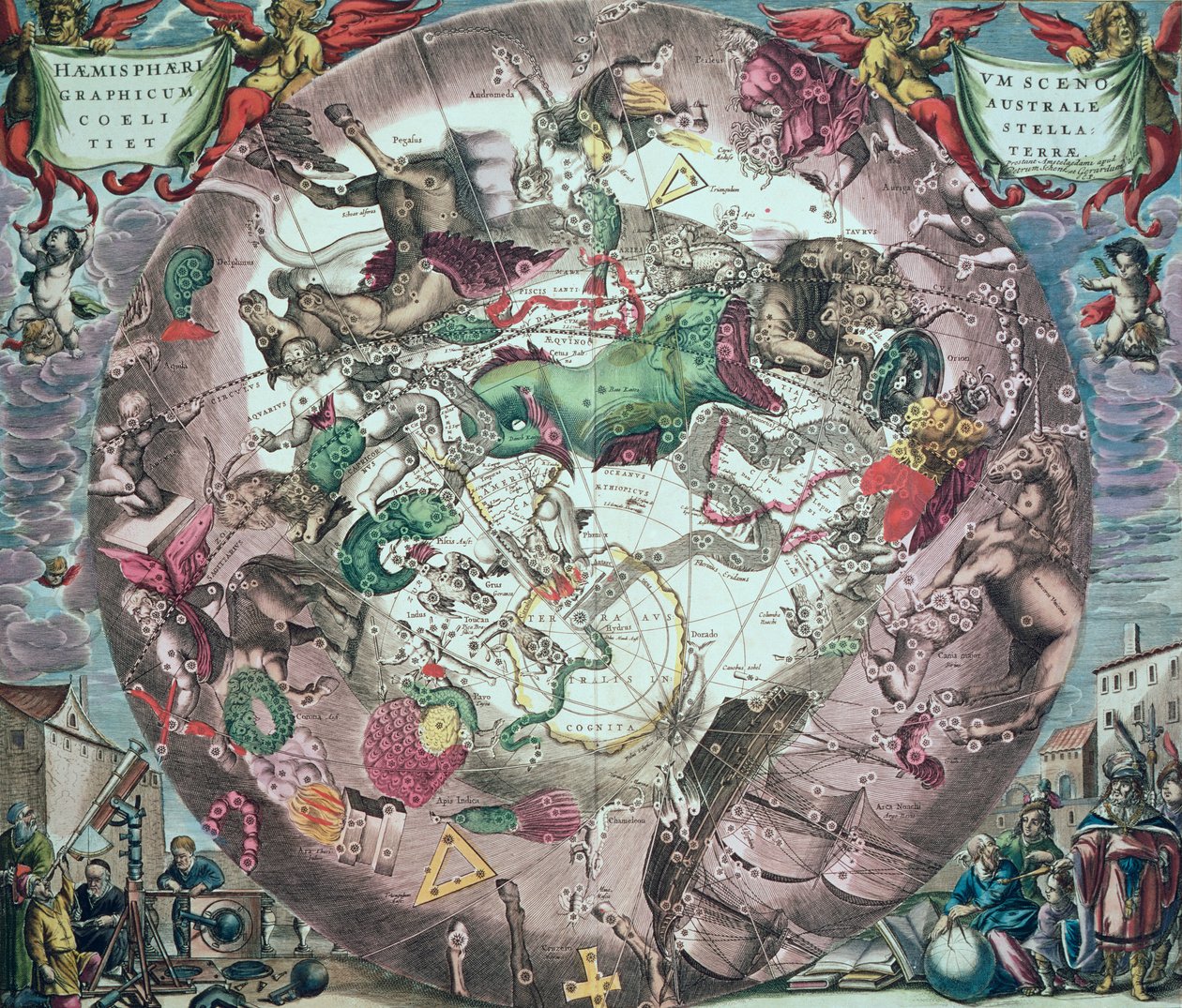 Souhvězdí jižní polokoule, z „Nebeského atlasu nebo harmonie vesmíru“ (Atlas coelestis seu harmonica macrocosmica), vyryté Pieterem Schenkem (1660-1719) a Gerardem Valkem od Andreas Cellarius