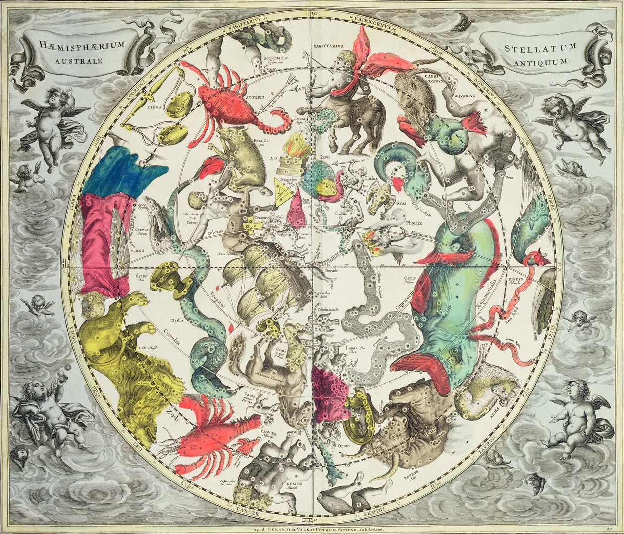 Mapa jižní polokoule z hospody „Nebeský atlas nebo harmonie vesmíru“ (Atlas coelestis seu harmonia macrocosmica). od Joannese Janssonia, Amsterdam, 1660-61 (ručně kolorovaný eng od Andreas Cellarius