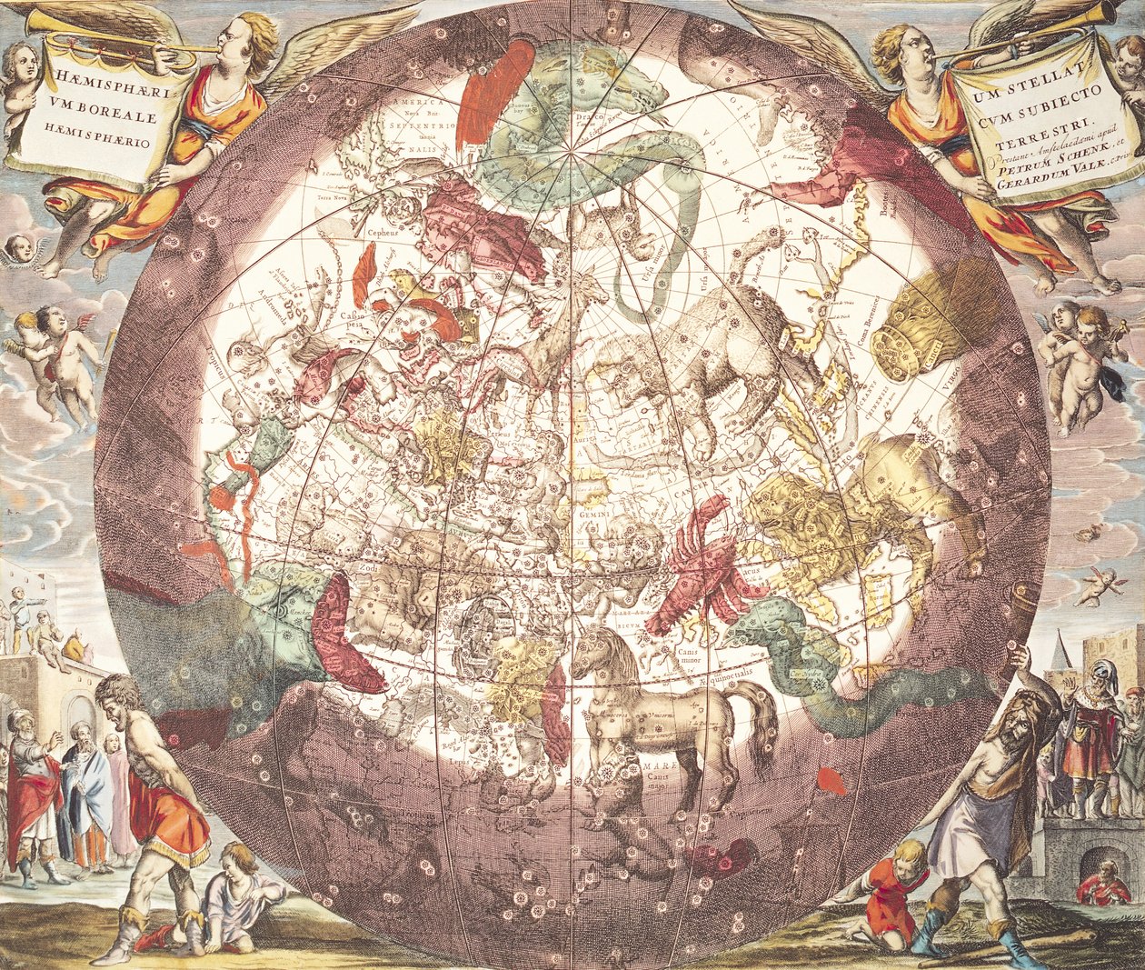Severní (boreální) polokoule, z knihy "Nebeský atlas aneb harmonie vesmíru", vyryli Pieter Schenk (1660-1719) a Gerard Valk (1651-1726) (ručně kolorovaná rytina) od Andreas Cellarius