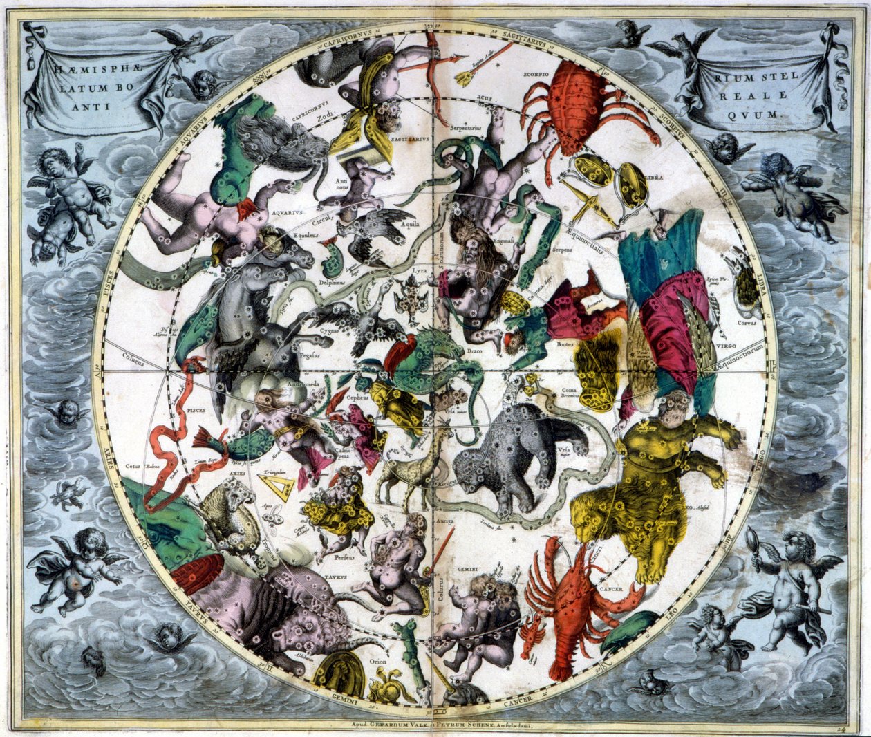 Mapa oblohy a znamení zvěrokruhu - faksimile starověké kompozice představující souhvězdí severní oblohy podle knihy André Cellarius „Harmonia Macrocosmica“ od Andreas (after) Cellarius