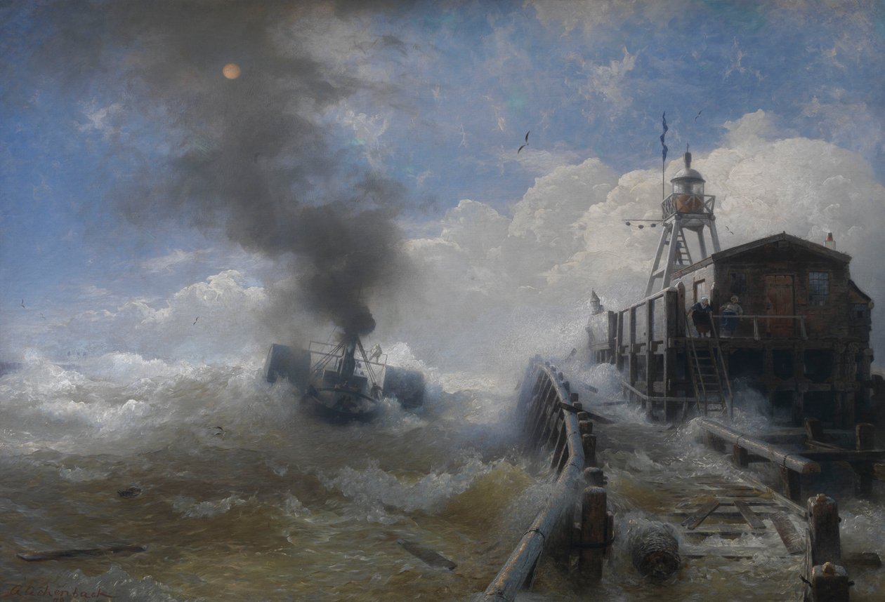 Vlečný člun opouštějící přístav Ostende při přílivu od Andreas Achenbach