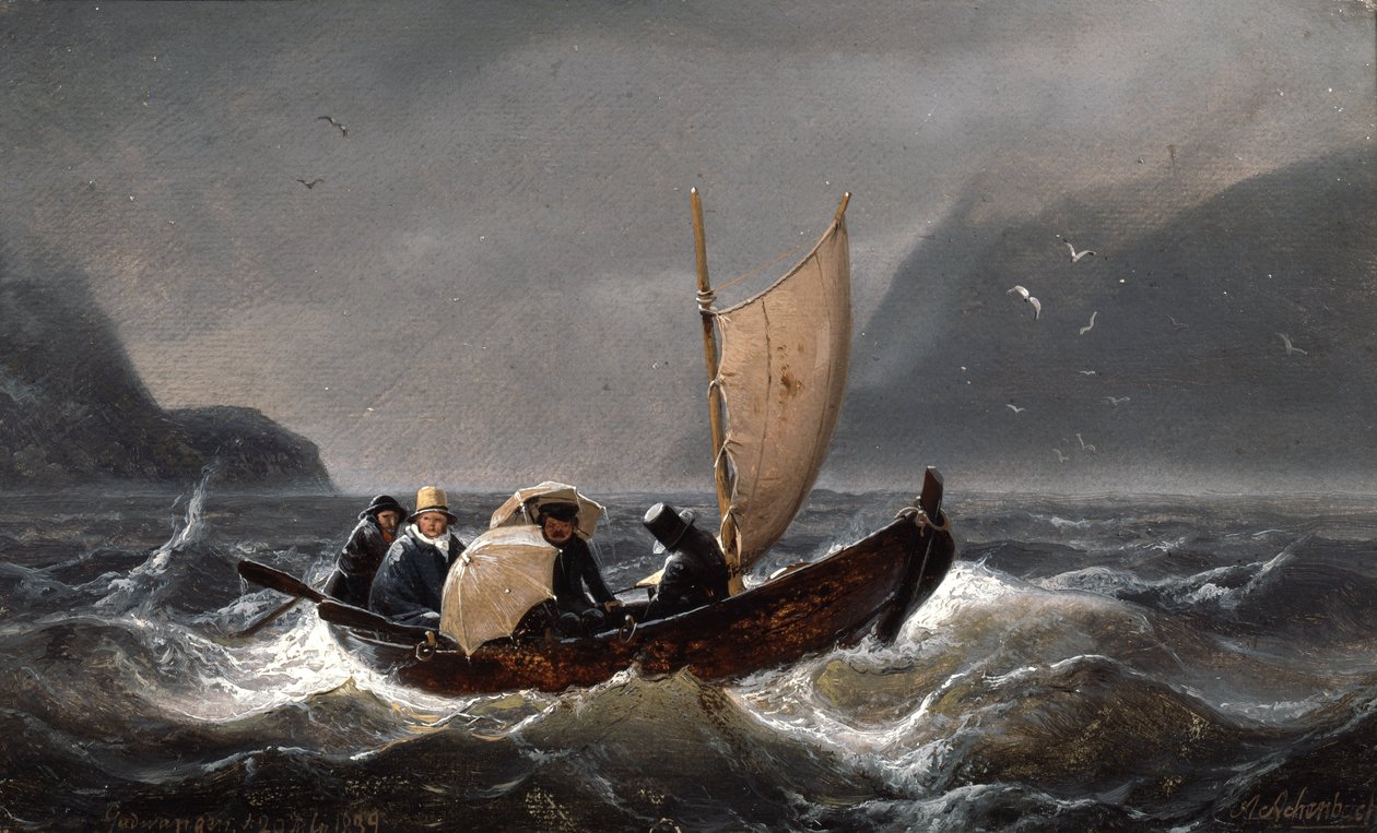 Umělci v bouřlivém počasí v Sognefjorden od Andreas Achenbach