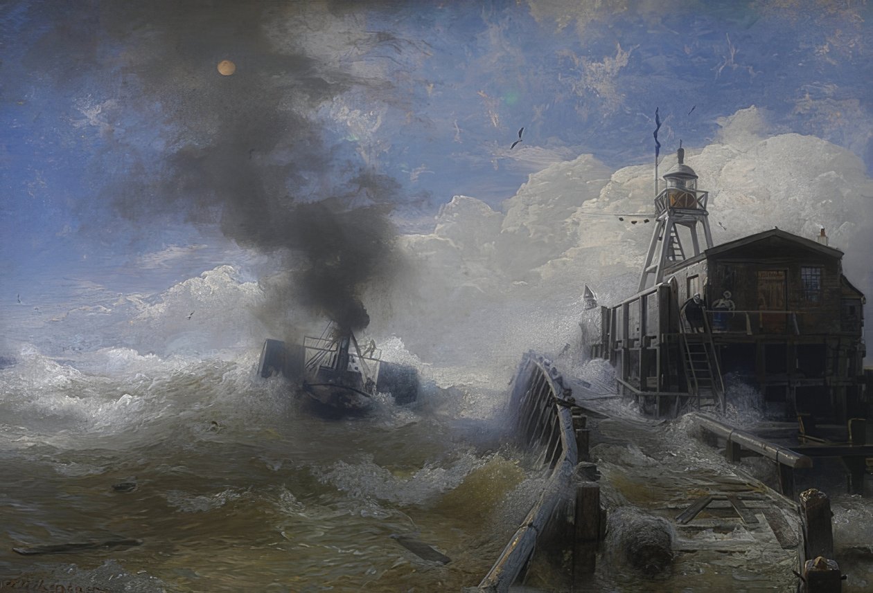 Remorkér opouští přístav Ostende při přílivu. 1878 od Andreas Achenbach