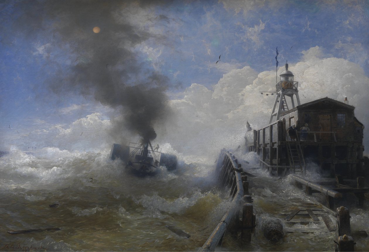 Německy: Ein Schlepper verlässt den Hafen von Ostende bei Flut Vlečná loď opouštějící přístav Ostende v době rozkvětu od Andreas Achenbach