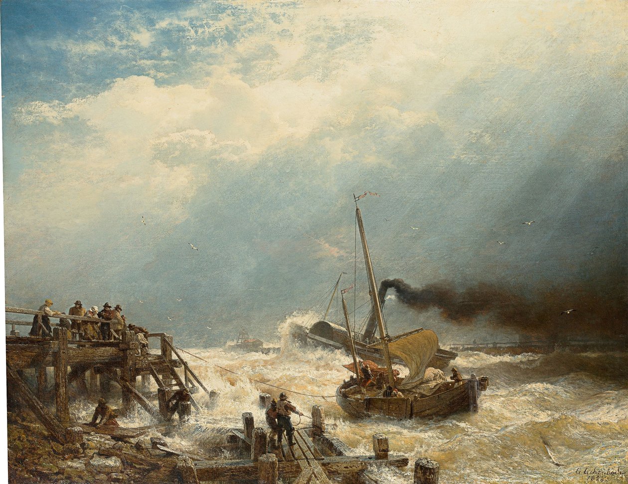 Německy: Přístav Ostende. 1858 Přístav Ostende od Andreas Achenbach