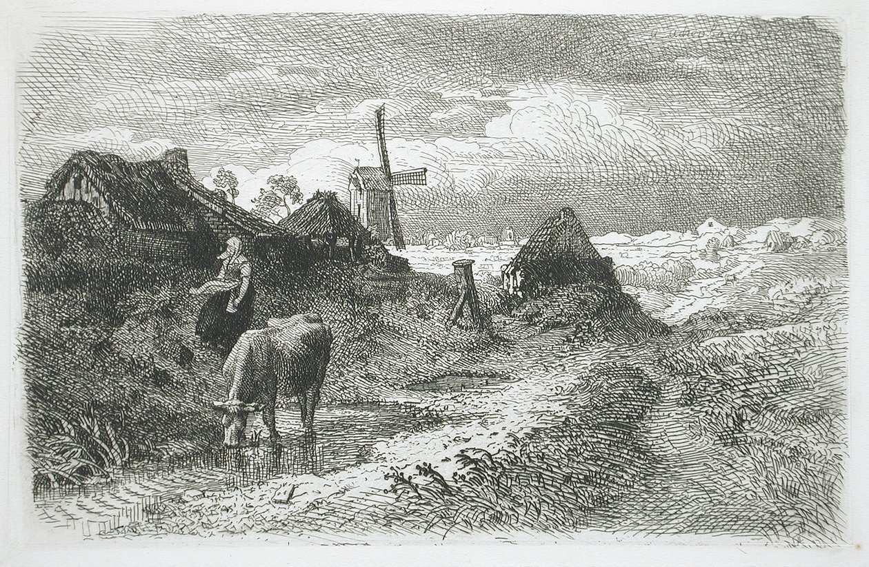 Krajina s chalupami a větrným mlýnem od Andreas Achenbach