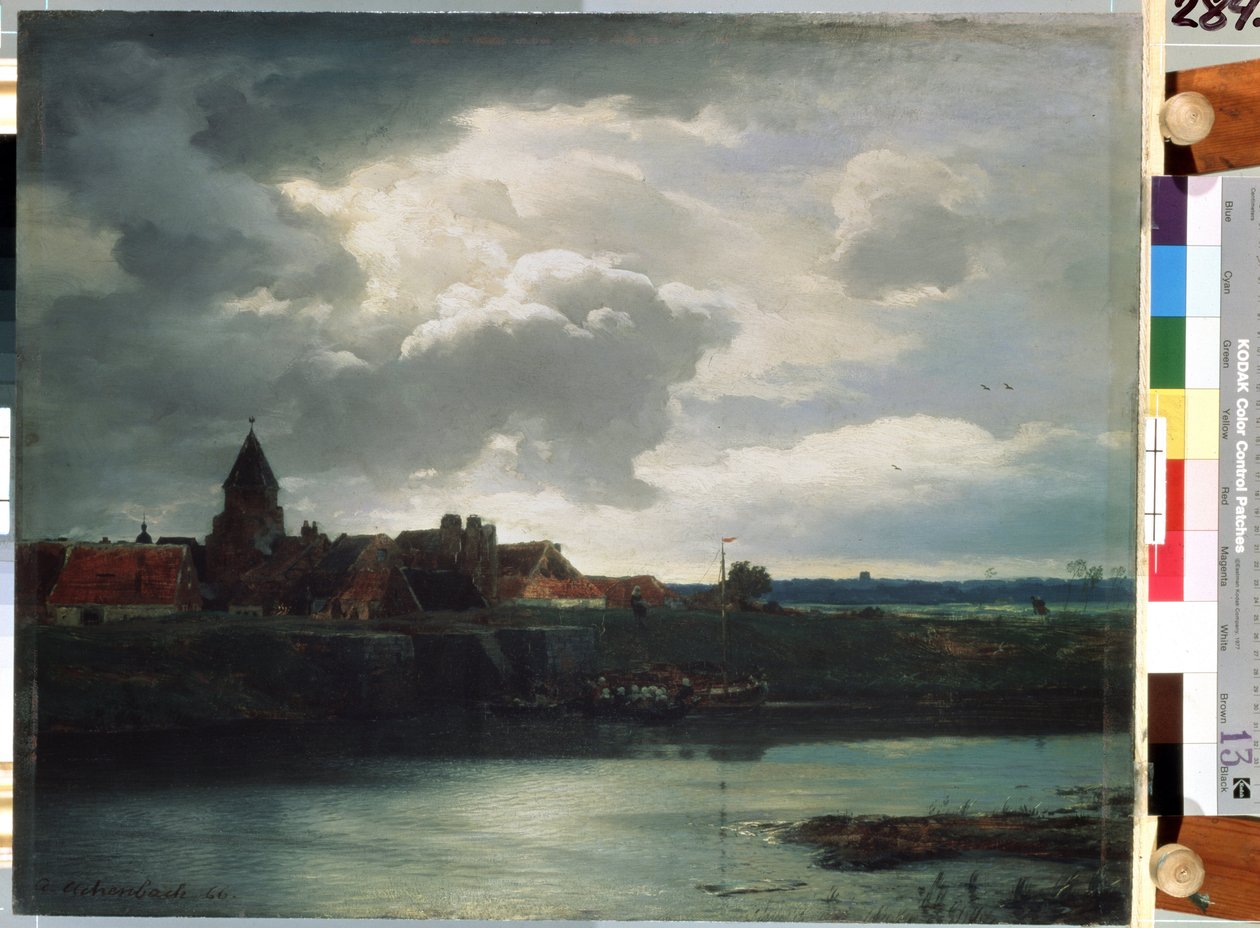 ""Vesnická krajina na řece"" (Krajina s řekou) Malba Andrease Achenbacha (1815-1910) 1866 Petrohrad, Ermitáž od Andreas Achenbach