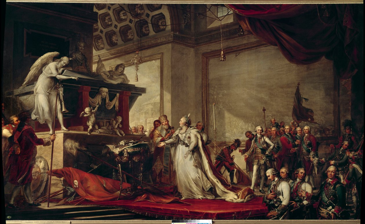 Impress Catherine II Ruska (1729-1796) umístí trofeje odebrané Turkům před hrob Petra Velikého Obraz z roku 1791 od Andrease Caspara Hune (Huene) (1758-1813) - Puškin (město) - (Kateřinský palác ?) od Andreas Caspar Hune