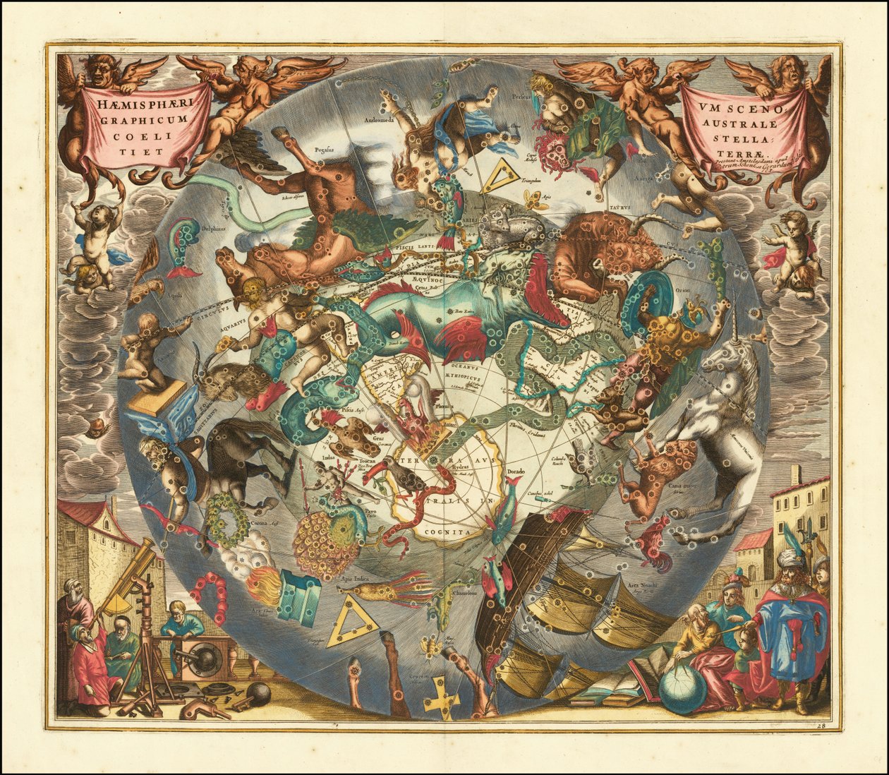 Nebeská mapa jižní oblohy z roku 1660 s vyznačením souhvězdí jižní polokoule. od Andreas Cellarius