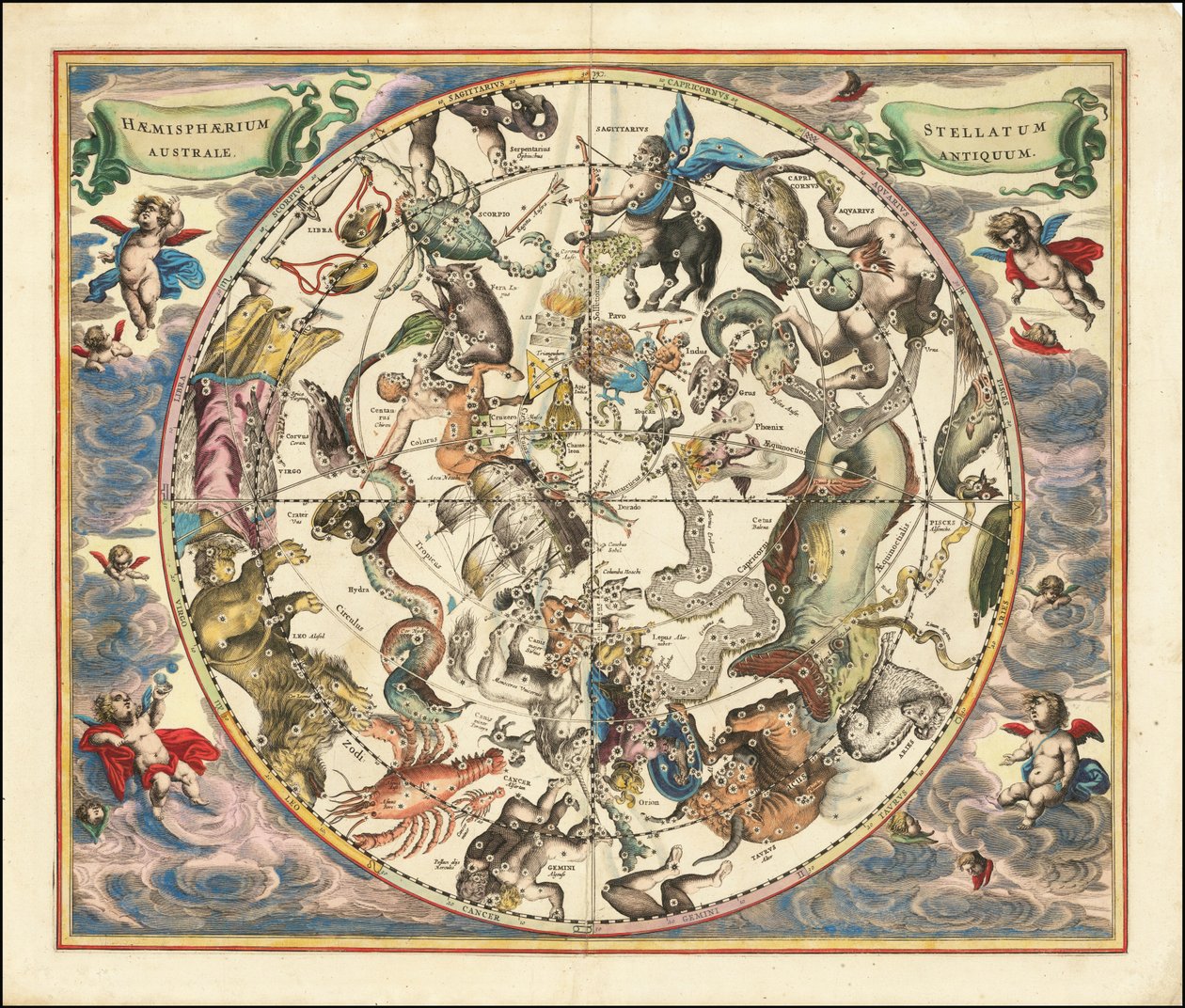 Nebeská mapa souhvězdí jižní polokoule z roku 1660 od Andreas Cellarius