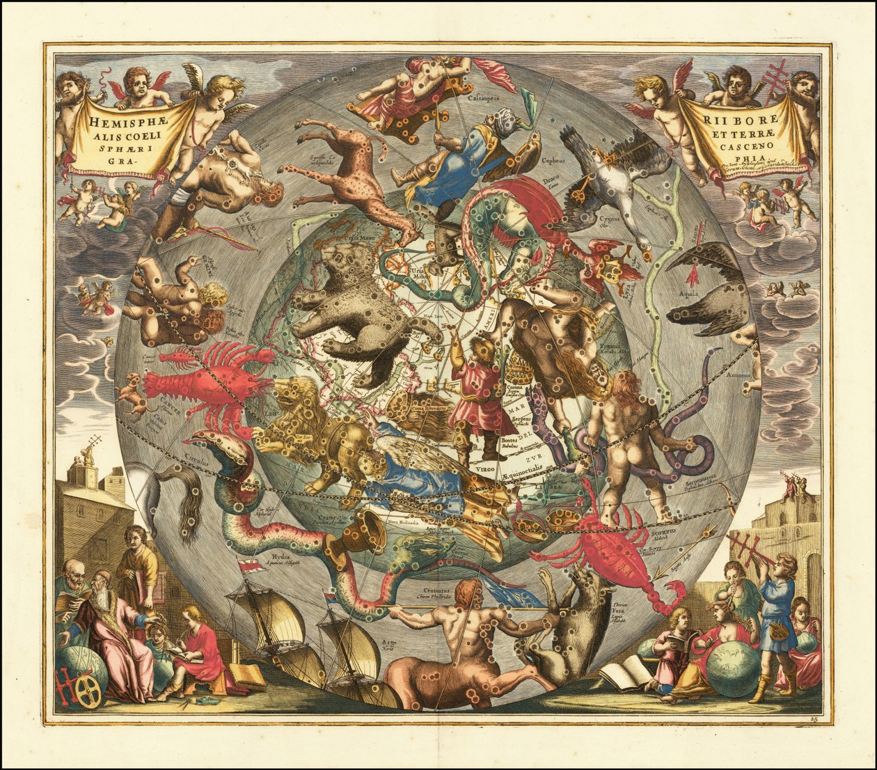 Nebeská mapa z roku 1708 - Haemisphaerii Borealis Coeli et Terrae Sphaeri Cascenographia od Andreas Cellarius