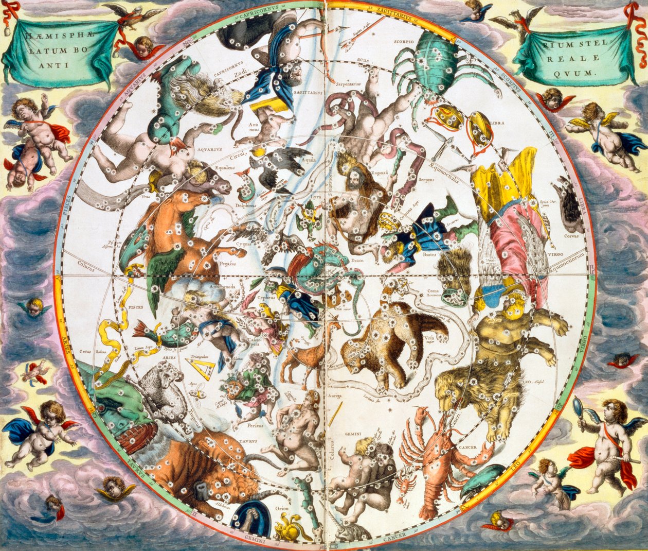 Nebeská planisféra zobrazující znamení zvěrokruhu, 1660-1661 od Andreas Cellarius