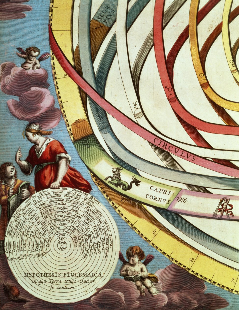 Rohový detail geocentrické mapy zobrazující ptolemaiovské systémy z „Nebeského atlasu nebo harmonie vesmíru“ (Atlas coelestis seu harmonia macrocosmica) Amsterdam, kolem roku 1660 (viz 90197) od Andreas Cellarius