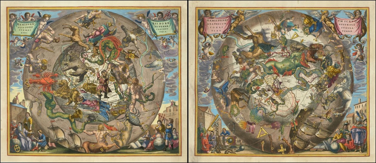 Hemisphaerii Borealis Coeli et Terrae Sphaerica Scenographia - Haemisphaerium Scenographicum Australe Coeli Stellati et Terrae od Andreas Cellarius