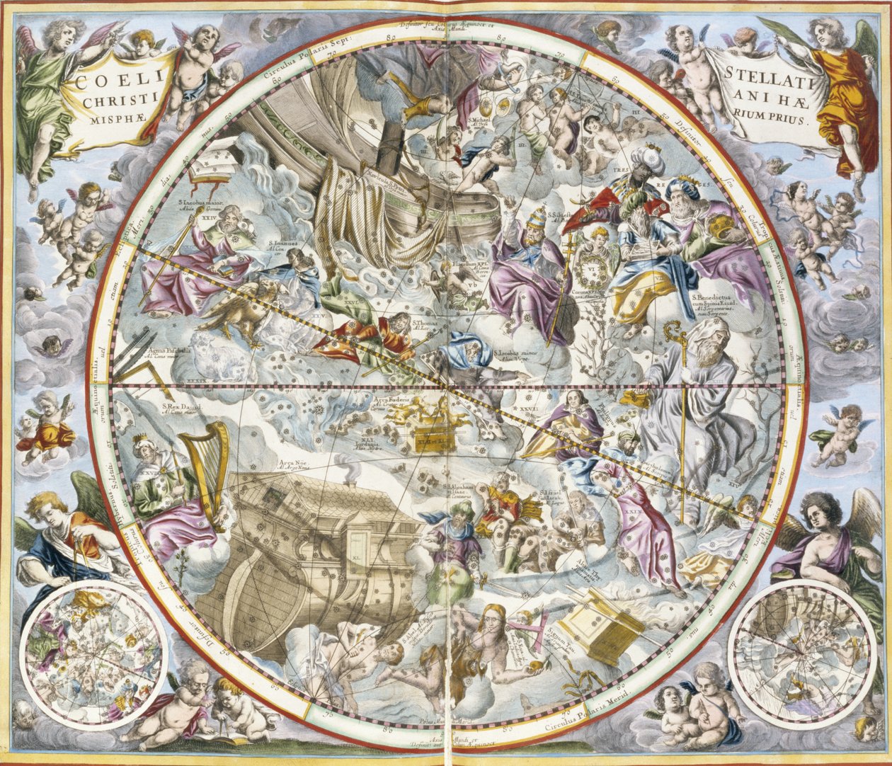 Mapa křesťanských souhvězdí podle zobrazení Julia Schillera z Nebeského atlasu nebo Atlasu Harmonie vesmíru coelestis seu harmonia macrocosmica pub. od Joannes Janssonius, Amste od Andreas Cellarius