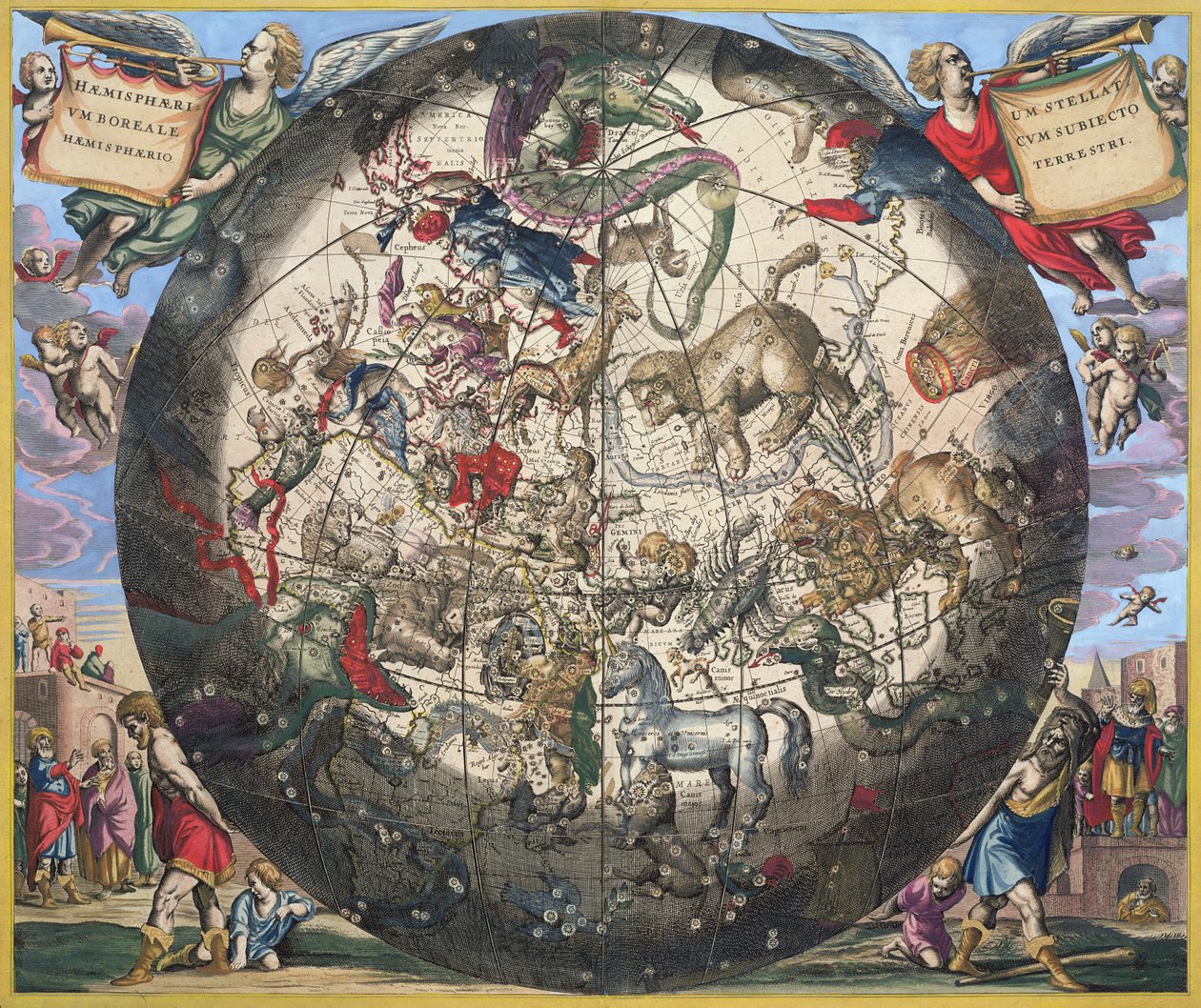 Severní (boreální) polokoule, z „Nebeského atlasu nebo harmonie vesmíru“, vyryto Pieterem Schenkem (1660-1719) a Gerardem Valkem (1651-1726) (ručně kolorovaná rytina) od Andreas Cellarius