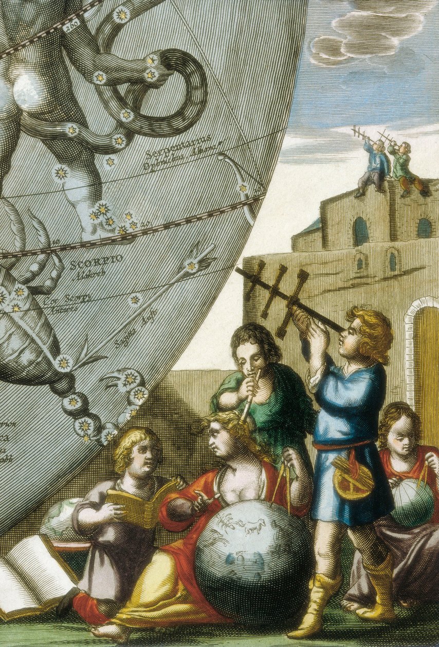 Vědci (astrologové a astronomové) studující glóby a mapu oblohy, detail z Atlas Coelestis seu Harmonia Macrocosmica od Andrease Cellariuse (1596-1665) od Andreas Cellarius