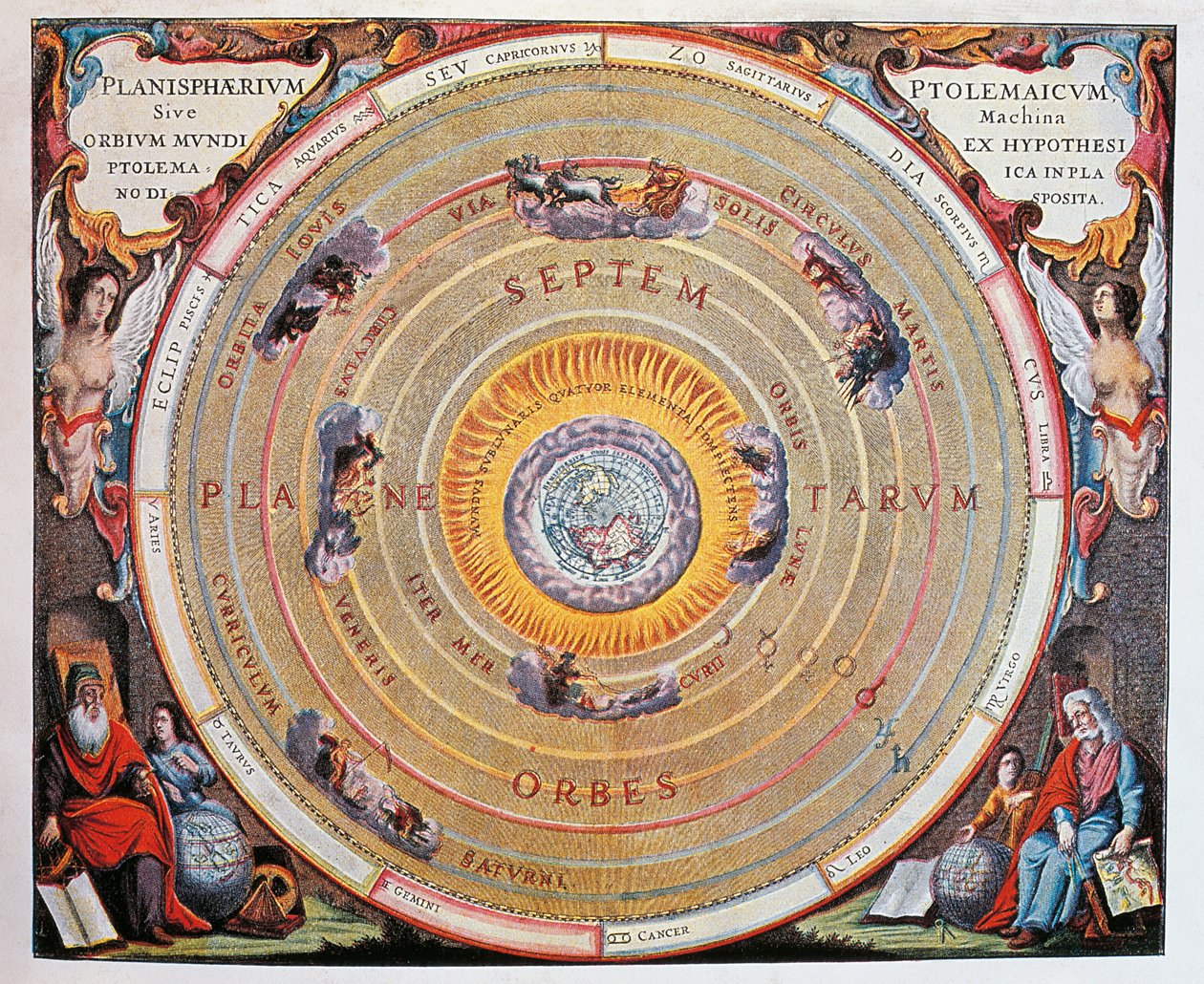 Mapa světa, studium Země na základě Ptolemaiových teorií od Andreas Cellarius