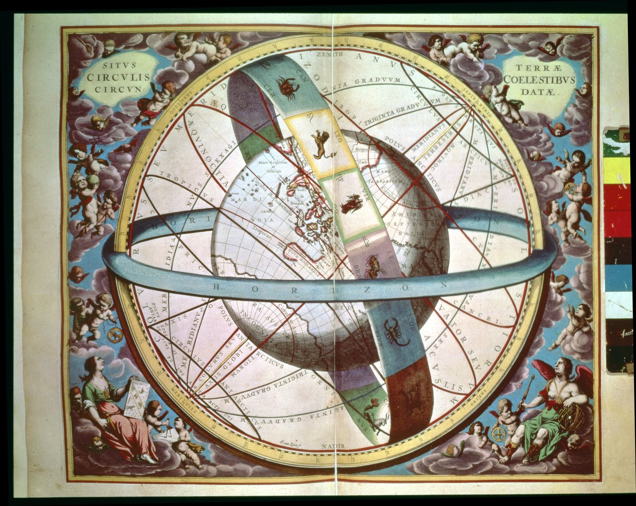 Mapa světa s obklopujícím zvěrokruhem „Situs Terrae Circulis Coelestibus Circumnate“ z „Nebeského atlasu nebo harmonie vesmíru“ (Atlas coelestis seu harmonia macrocosmica) Amsterdam, kolem 1660 od Andreas Cellarius