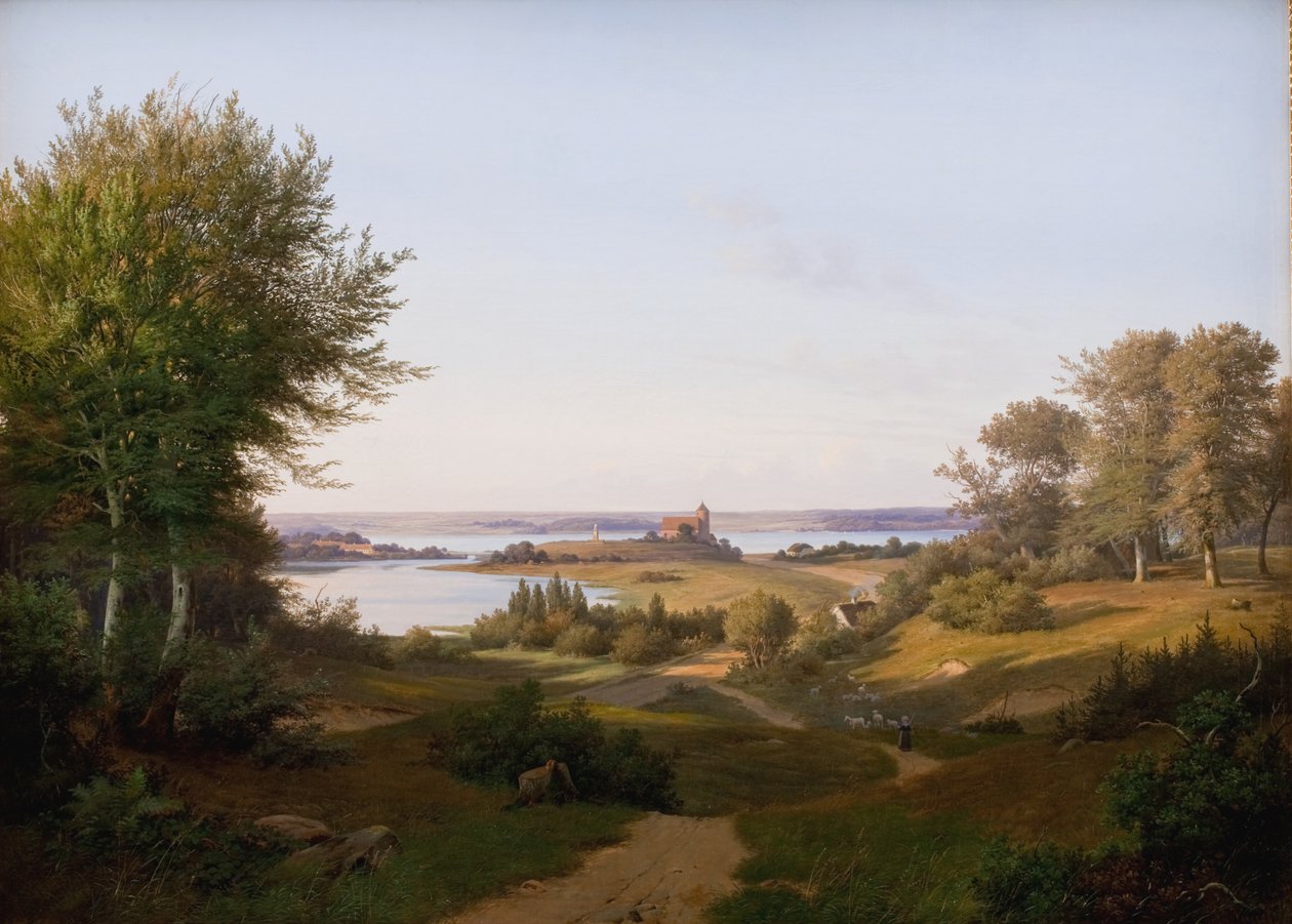Pohled na kopec u hradu Skanderborg, Jutsko, a památník Frederika VI od Andreas Juuel