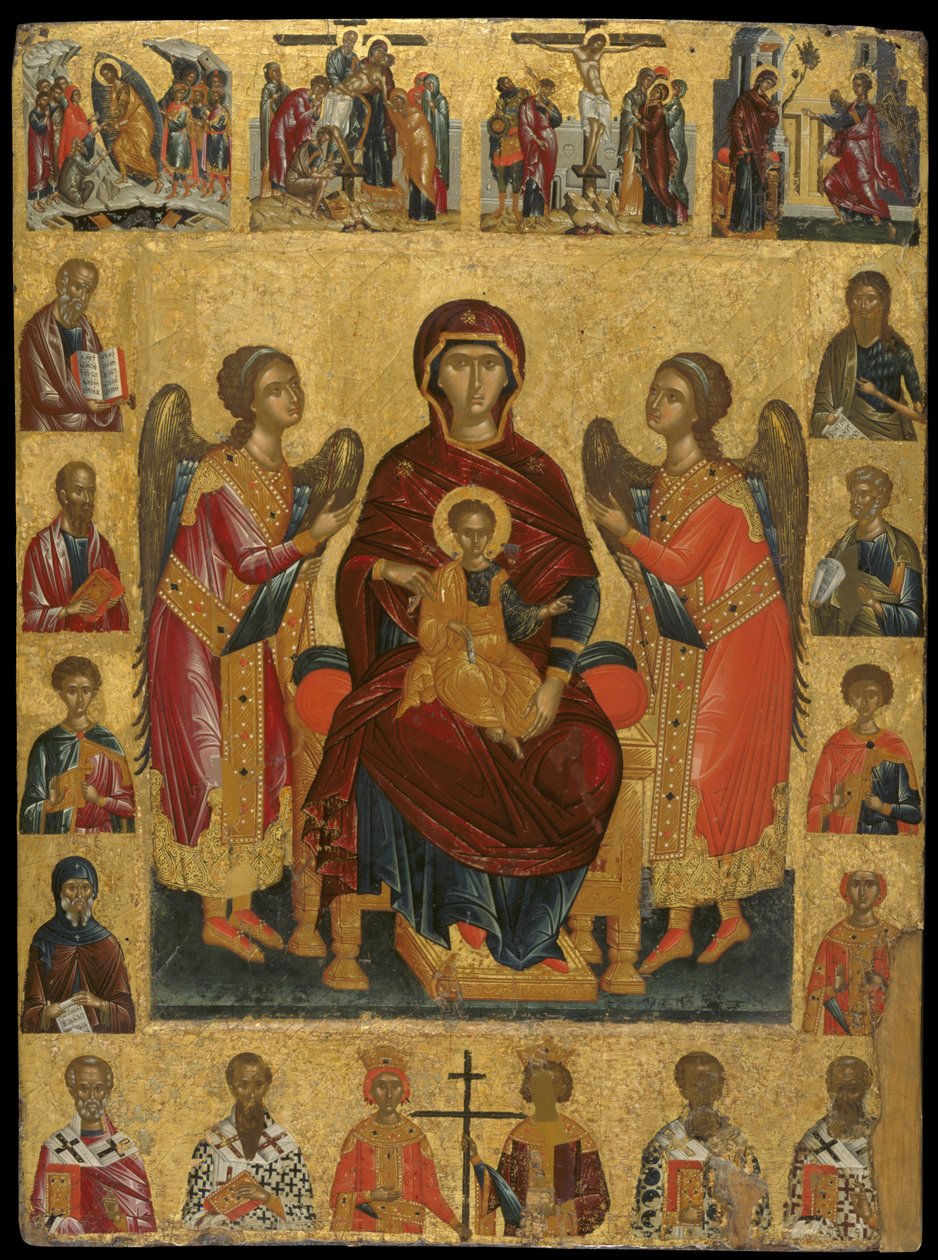 Složená ikona s pannou a dítětem na trůnu (vaječná tempera a plátkové zlato na panelu) od Andreas Rico