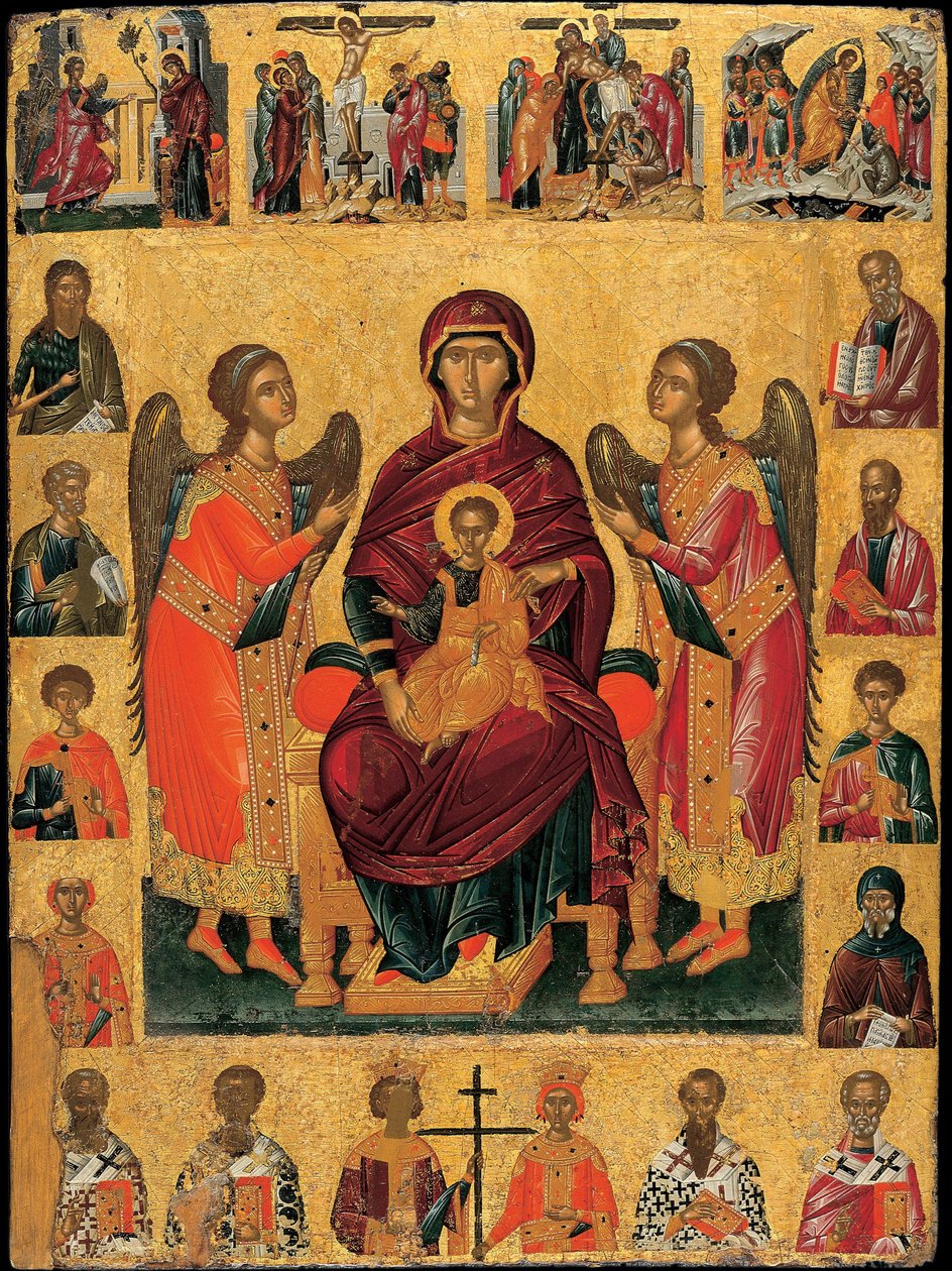 Panna s dítětem na trůnu (se dvěma anděly, scéna je rámována postavami evangelistů a světců, nad nimiž jsou výjevy umučení a pod nimi patriarchové církve) (Trůnící Panna s dítětem) - Ikona od Andrease od Andreas Ritzos