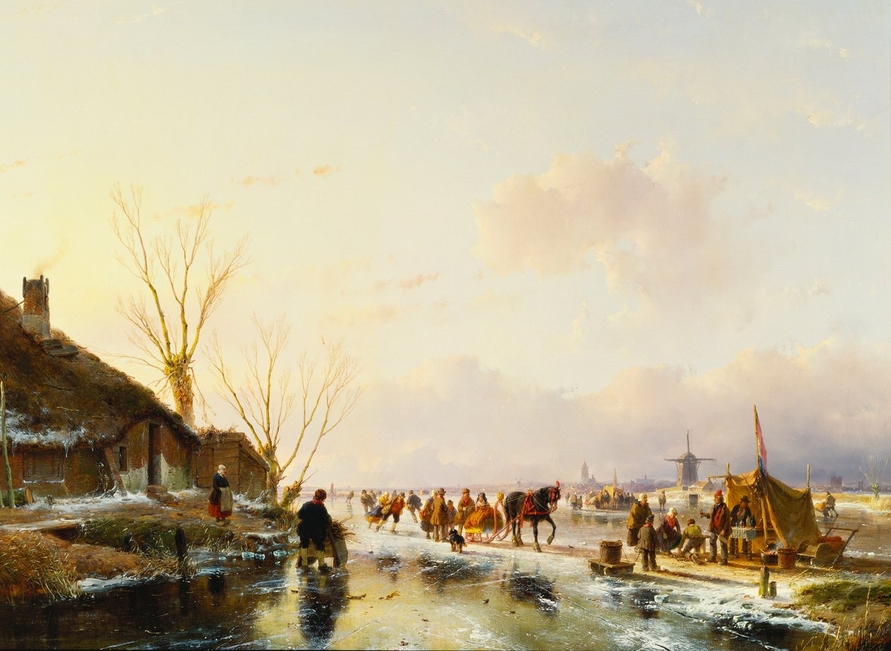 Bruslaři u stánku na zamrzlé řece, 1850 od Andreas Schelfhout