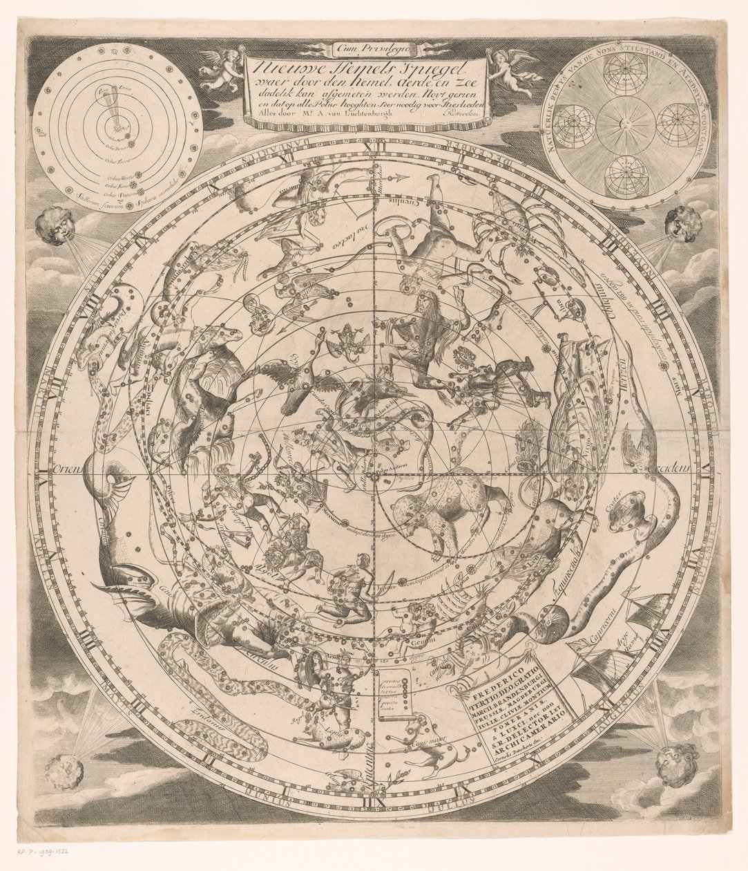 Mapa oblohy se severními souhvězdími Nové nebeské zrcadlo: kde okamžitě projde nebem, zemí a mořem (...) (titul na předmětu) od Andreas van Luchtenburg (possibly)