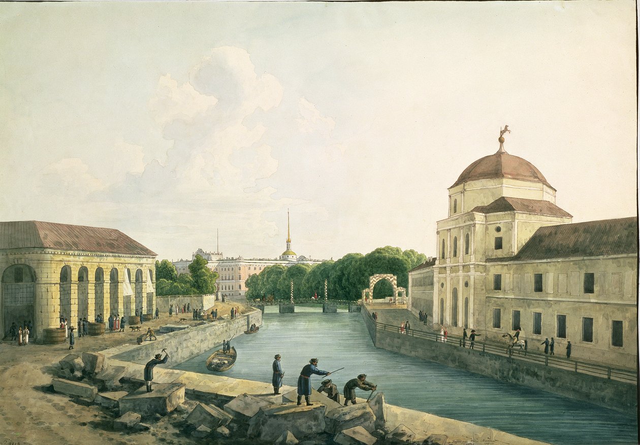 Pohled na řeku Moiku u císařských stájí, 1809 (čb a tuš) od Andrei Yefimovich Martynov