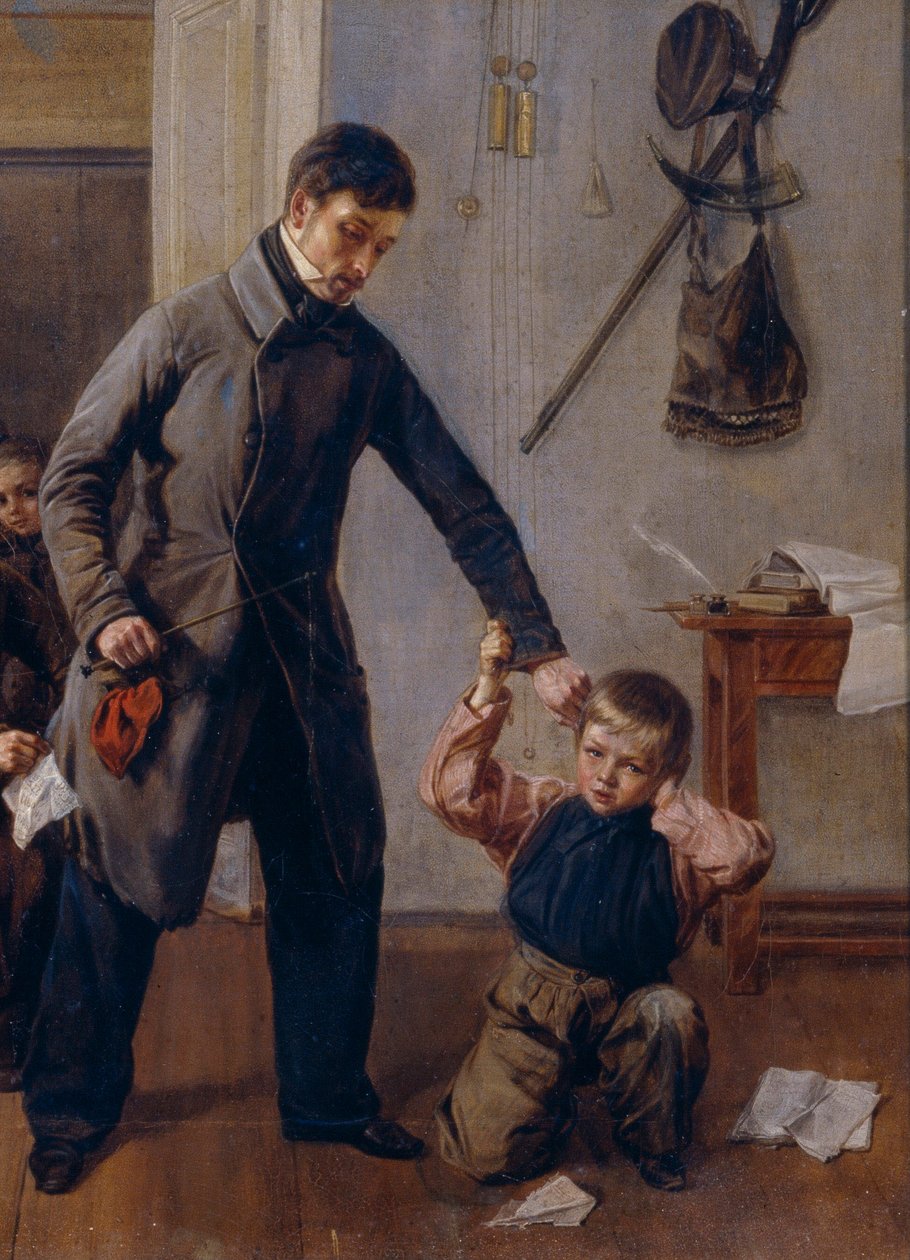 Ve škole. Venkovský učitel chytne chlapce za ucho ve třídě, kde ostatní chlapci dělají legrační obličeje a grimasy. Obraz Andrej Andrejevič Popov (1832-1896), detail, olej na plátně od Andrei Andreevich Popov