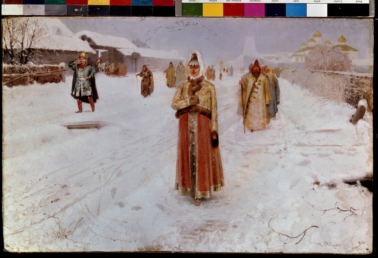 neděle (neděle). V zimě, na zasněžené silnici v Moskevském velkovévodství, v neklidných dobách (16.-17. století) starého Ruska, se z kostela vracejí Bojaři (boiardi, boiaři), muži a ženy v tradičních krojích. Andre maluje od Andrei Petrovich Ryabushkin