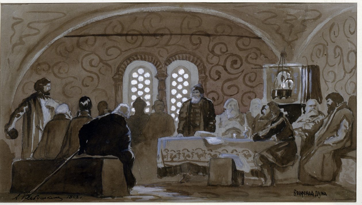 Duma v době bojarů (boiards, boiars) (The Boyar Duma). Poradní rada knížat Kyjevské Rusi (Ruthenia) v době cara Michaela I. Ruska (1596-1645). Dílo Andreje Petroviče Rjabuškina (Riaboutchkine) (1861-1904), akvarel od Andrei Petrovich Ryabushkin