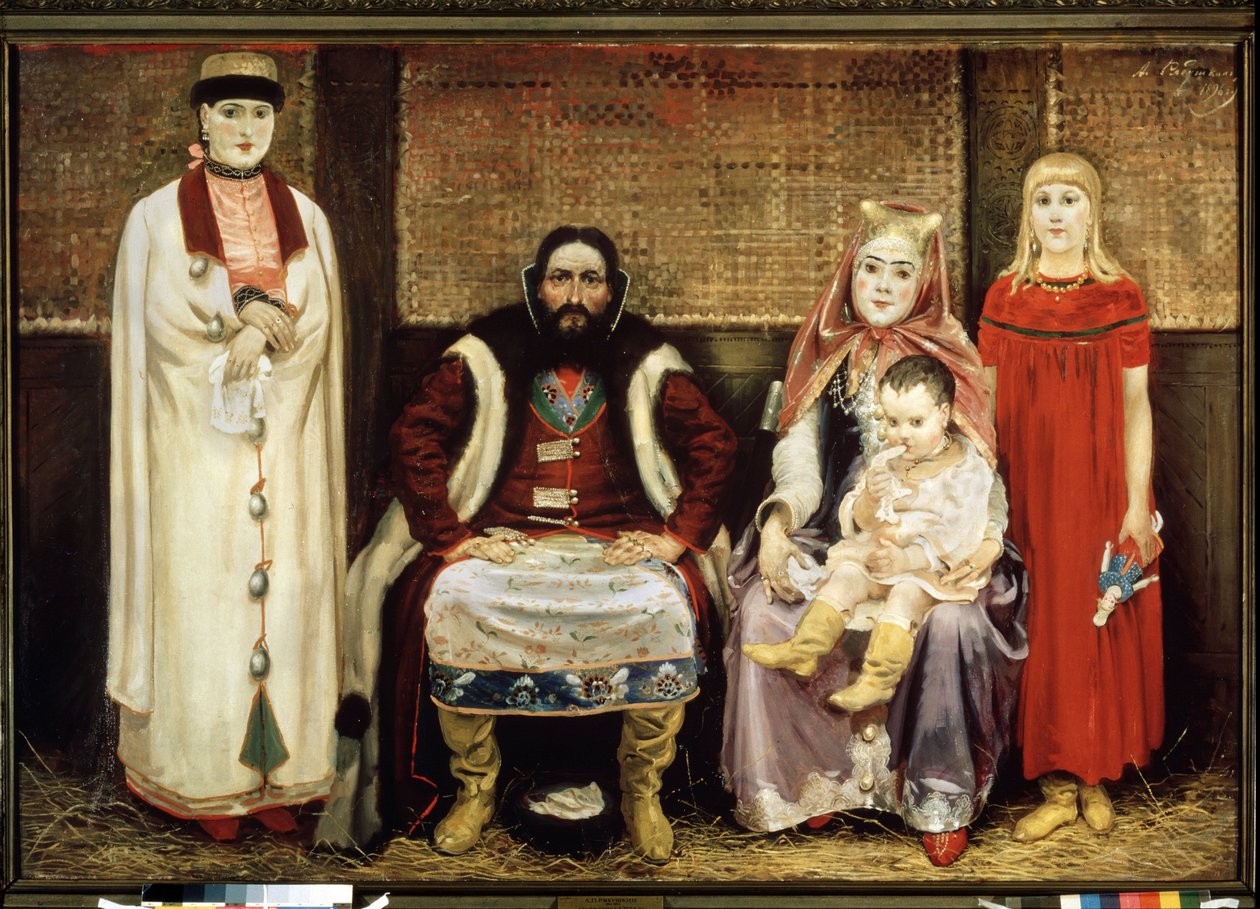 Kupecká rodina v 17. století. Obraz Andrej Petrovič Rjabuškin (Riabutchkin) (1861-1904), olej na plátně od Andrei Petrovich Ryabushkin