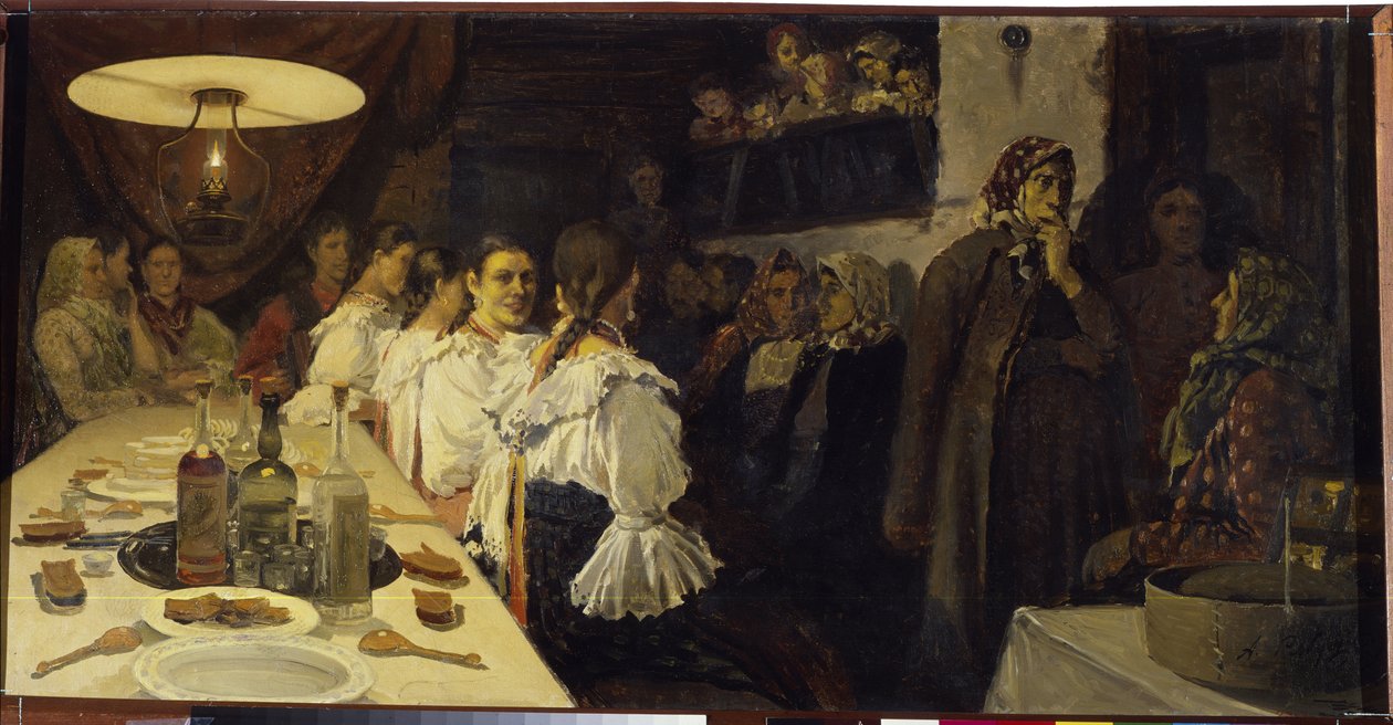 Čekání na návrat svatebního páru z kostela v provincii Novgorod. Obraz Andrej Petrovič Rjabuškin (Riabutchkin) (1861-1904), olej na plátně od Andrei Petrovich Ryabushkin