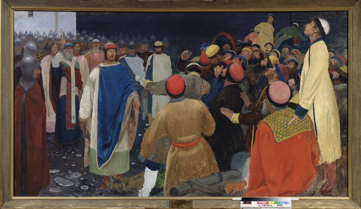 Princ Gleb Sviatoslavitch (zemřel 1079) zabije volkhve (slovanský věštecký kouzelník) na veche v Novgorodu. Obraz Andrej Petrovič Rjabuškin (Riabutchkin) (1861-1904), olej na plátně od Andrei Petrovich Ryabushkin