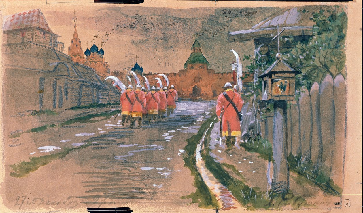 Pouliční hlídka u Iljinské brány ve staré Moskvě. Dílo Andreje Petroviče Rjabuškina (Riaboutchkine) (1861-1904), akvarel na papíře od Andrei Petrovich Ryabushkin