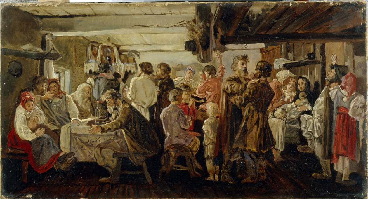 Selská svatba v Tambovské oblasti (Rusko). (Sedlácká svatba na Tambovsku). Obraz Andreje Petroviče Rjabuškina (Riaboutčkine) (1861-1904), olej na plátně, kolem roku 1880. Ruské umění 19. století. Státní Treťjakovská galerie, Moskva. od Andrei Petrovich Ryabushkin
