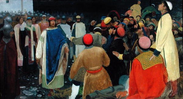 Hrabě Gleb zabíjí mága na novgorodském shromáždění od Andrei Petrovitch Rjabuschkin