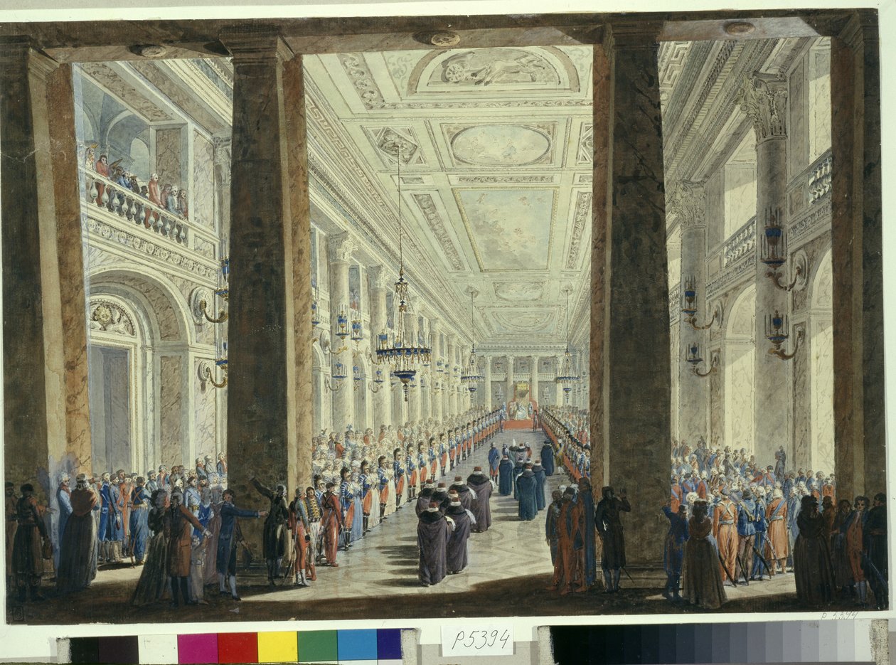 Party pořádaná ruskou carevnou Kateřinou II (1729-1796) v Zimním paláci v Petrohradě na počest tureckého velvyslance (Reception in Honor of Turkey Ambassador). Dílo Andreje Voronikhina (1759-1814) od Andrei Voronikhine