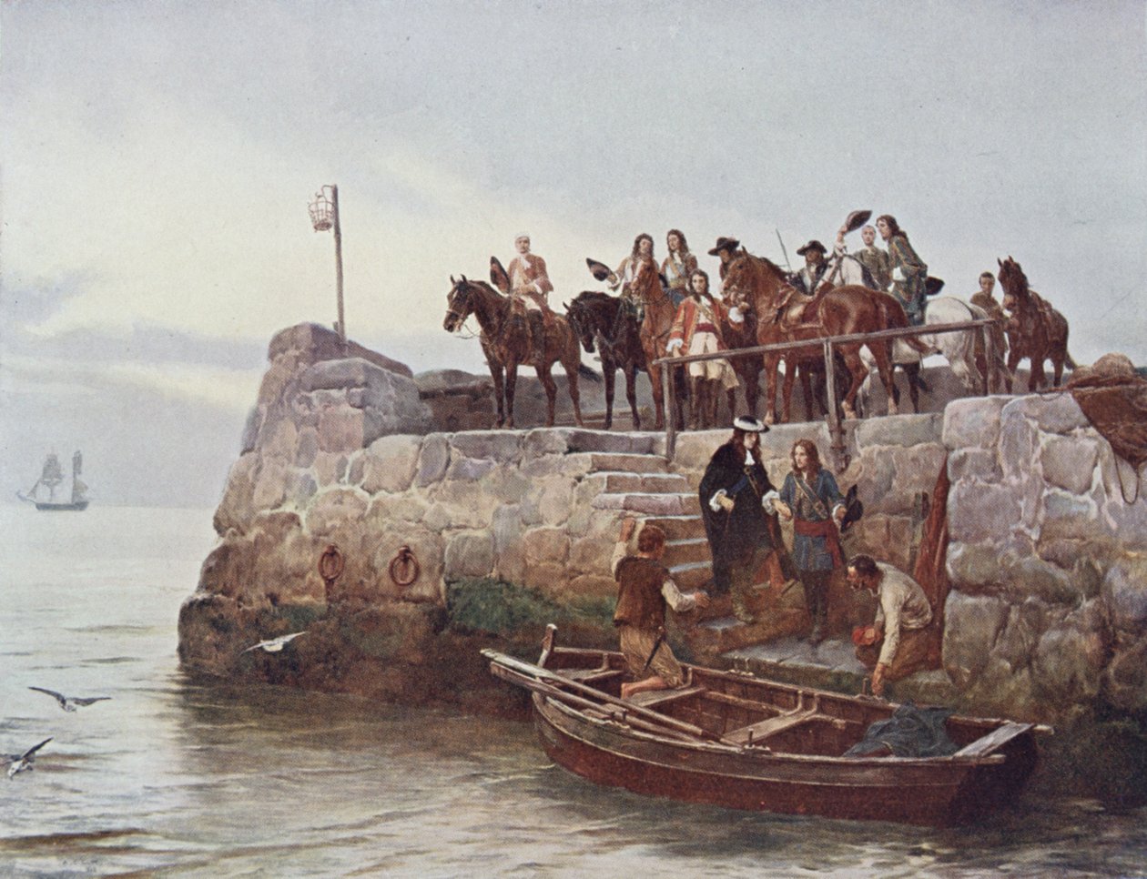 Ztracený případ! Útěk Jakuba II. (1633-1701) po bitvě u Boyne v roce 1690, ilustrace z knihy "British Battles on Land and Sea", kterou vydal Sir Evelyn Wood (1838-1919) 1915 od Andrew Carrick Gow