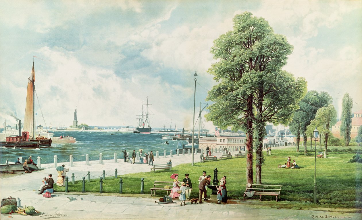 Zámecká zahrada (Pohled na Battery Park od jižního přívozu k Zámecké zahradě) cca 1886 (reliéfní litografie) od Andrew Melrose