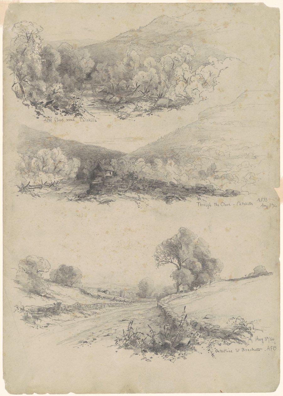 Clove Road, Catskills; Prostřednictvím hřebíčku – Catskills; a Na cestě do Bracketts [recto] od Andrew Fisher Bunner