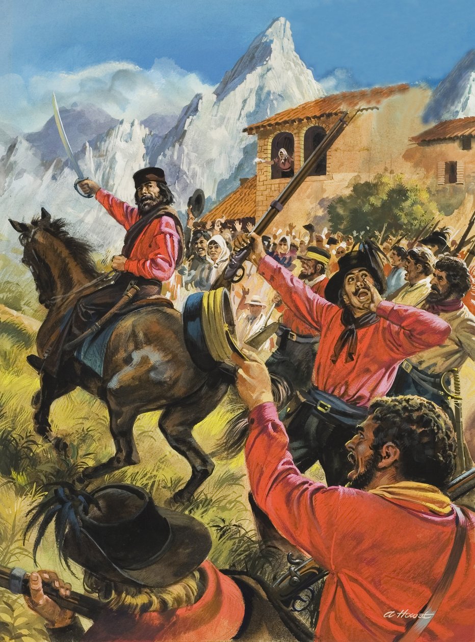Guiseppe Garibaldi (1807-82) a jeho armáda v bitvě s královskými vojsky Neopolitany (kvaš na papíře) od Andrew Howat