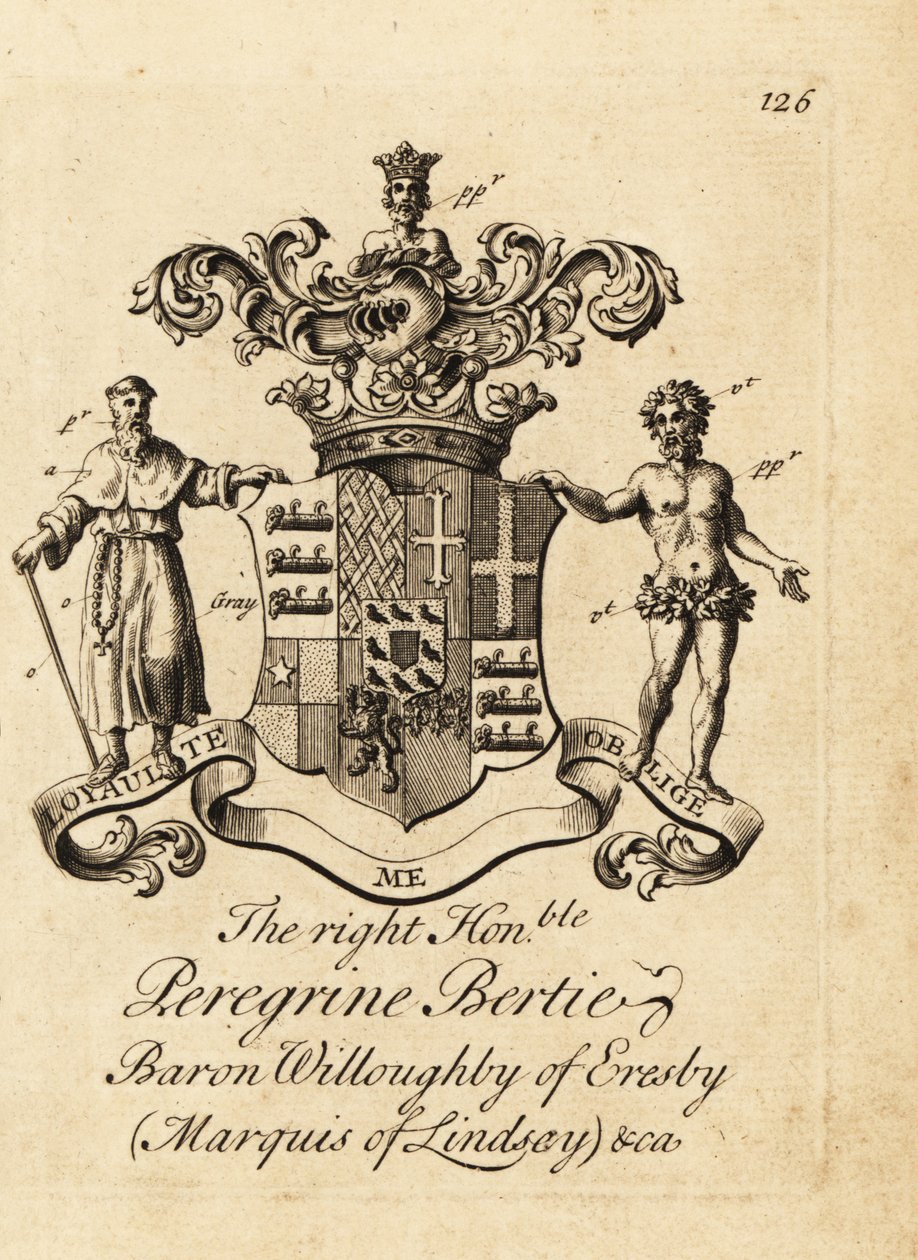 Erb pravého ctihodného Peregrina Bertieho, barona Willoughbyho z Eresby, markýze z Lindsay, druhého vévody z Ancasteru a Kestevenu od Andrew Johnston