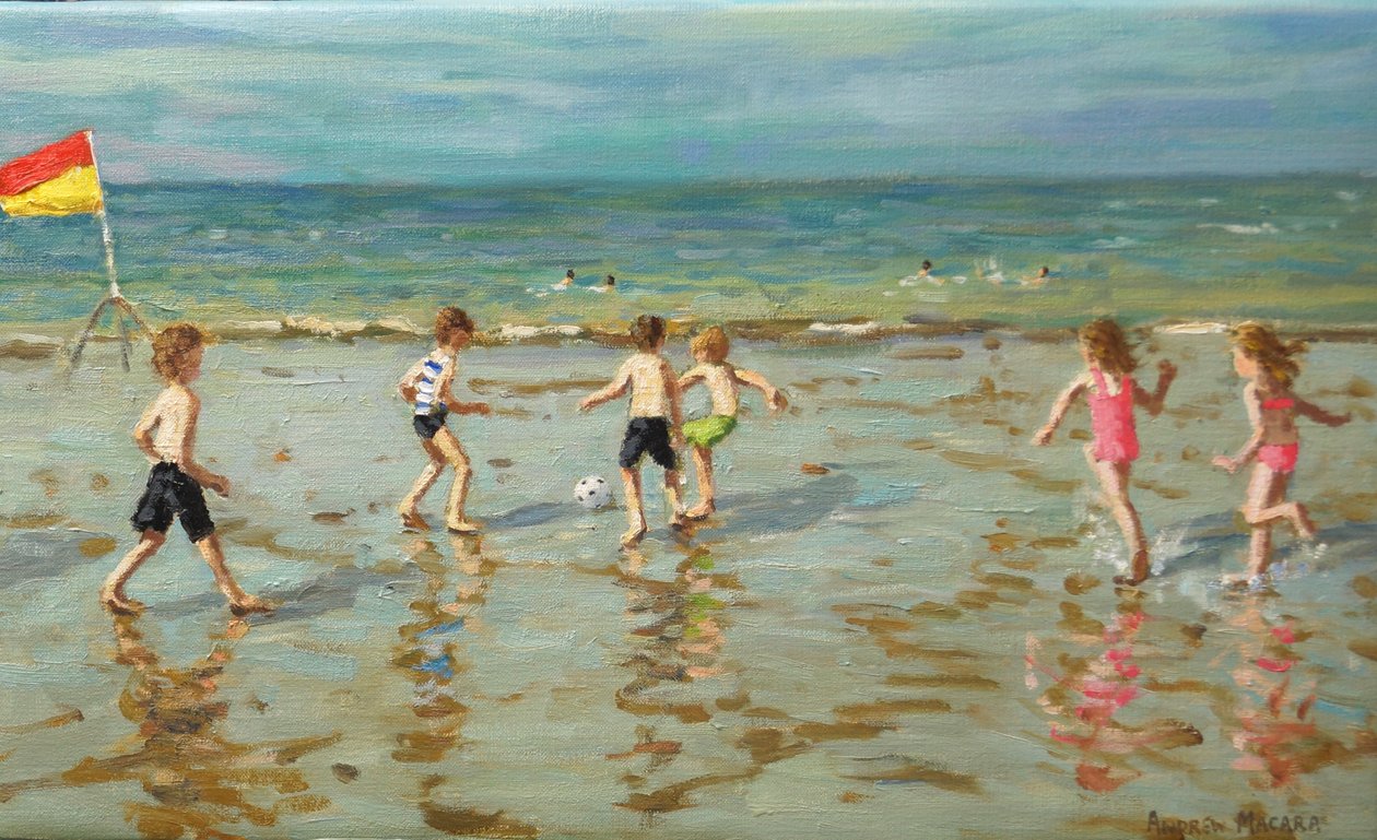 Plážový fotbal, Sheringham, 2018 (olej na plátně) od Andrew Macara