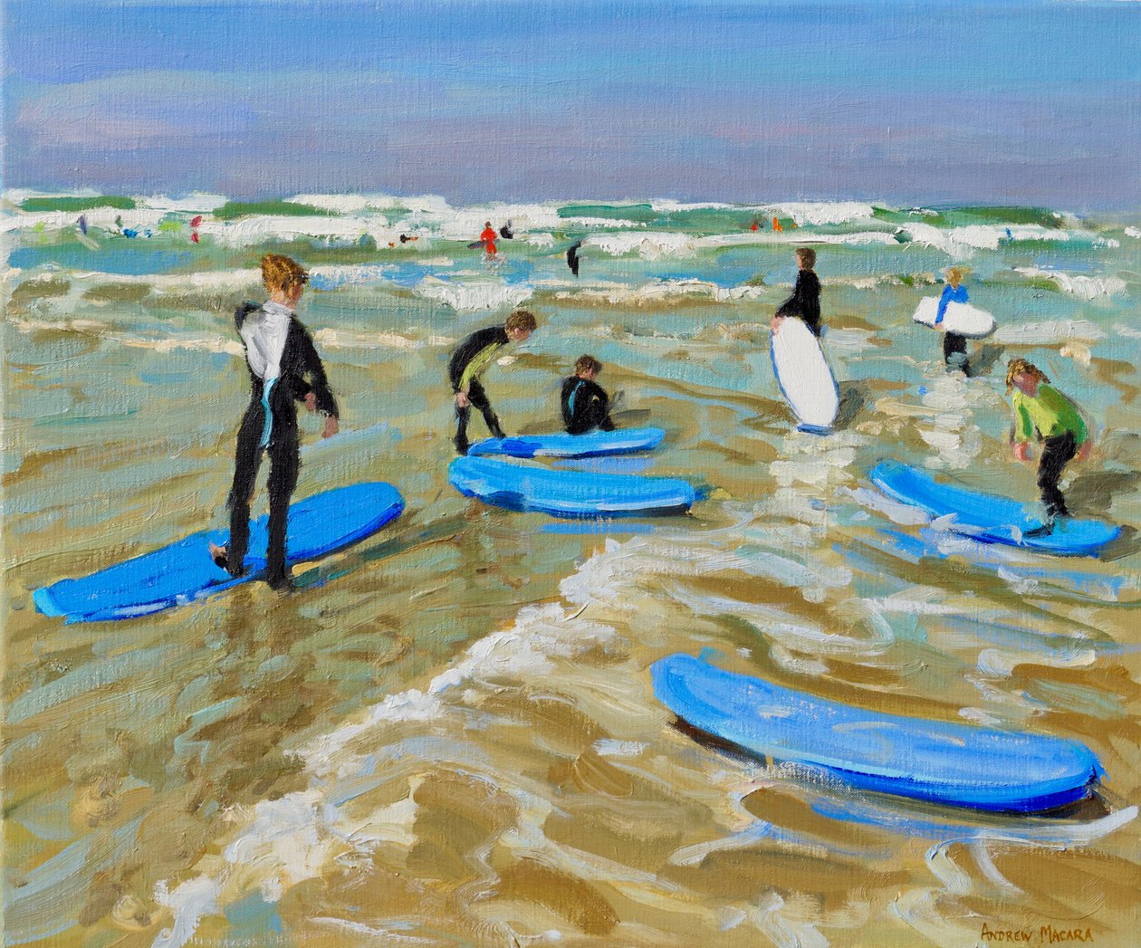 Modrá surfovací prkna, Bude. 20x24", 2019, (olej na plátně) od Andrew Macara
